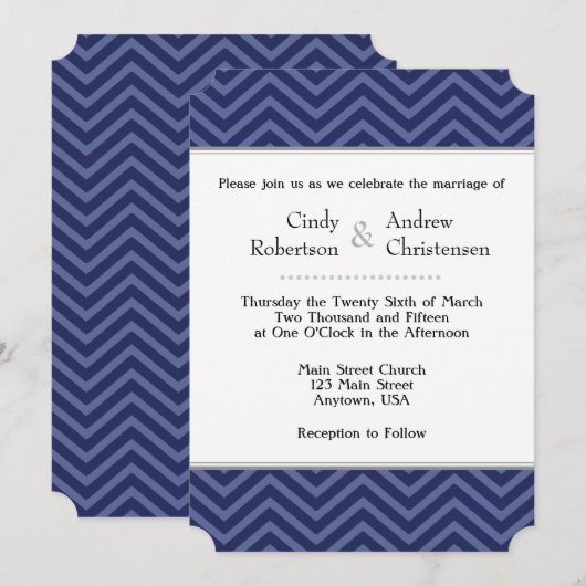 Invitaties voor marinesblauwe Chevron Wedding Kaart (Voorkant / Achterkant)