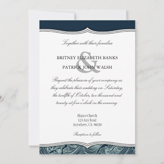 Invitaties voor marinesBlue en White Nautical Wedd Kaart (Achterkant)
