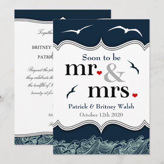 Invitaties voor marinesBlue en White Nautical Wedd Kaart (Voorkant / Achterkant)