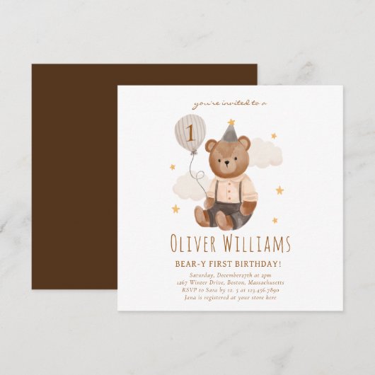 Invitation bear 1st birthday blue balloon (Voorkant / Achterkant)