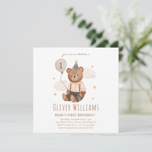 Invitation bear 1st birthday blue balloon (Staand voorkant)