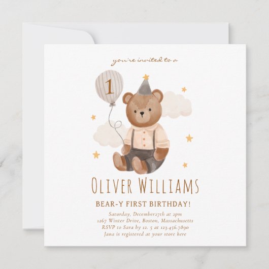 Invitation bear 1st birthday blue balloon (Voorkant)