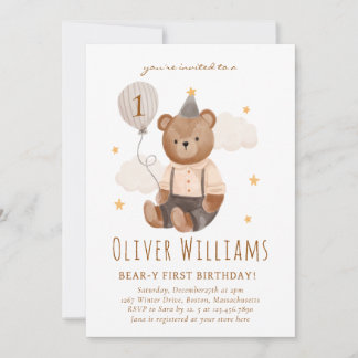 Invitation bear 1st birthday blue balloon kaart
