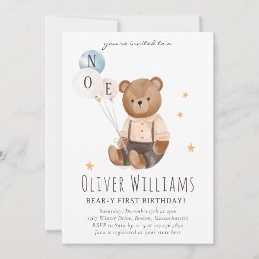 Invitation bear 1st birthday blue balloon kaart (Voorkant)