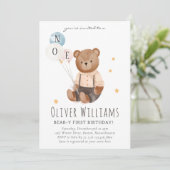 Invitation bear 1st birthday blue balloon kaart (Staand voorkant)
