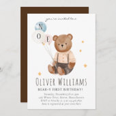 Invitation bear 1st birthday blue balloon kaart (Voorkant / Achterkant)