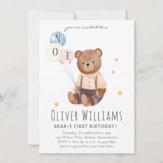 Invitation bear 1st birthday blue balloon kaart