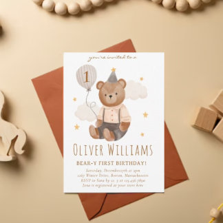 Invitation bear 1st birthday blue balloon kaart