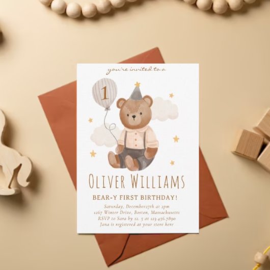 Invitation bear 1st birthday blue balloon kaart