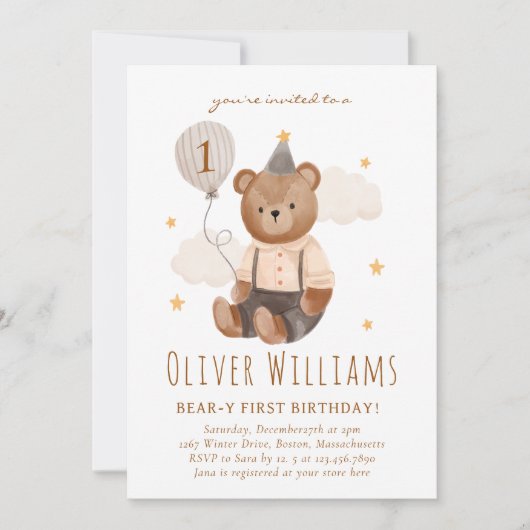 Invitation bear 1st birthday blue balloon kaart (Voorkant)