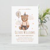 Invitation bear 1st birthday blue balloon kaart (Staand voorkant)