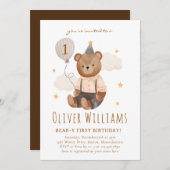 Invitation bear 1st birthday blue balloon kaart (Voorkant / Achterkant)