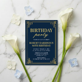 Invitation Birthday Party Navy Gold Art Deco 80th Kaart