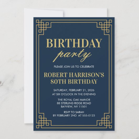 Invitation Birthday Party Navy Gold Art Deco 80th Kaart (Voorkant)