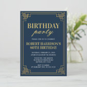 Invitation Birthday Party Navy Gold Art Deco 80th Kaart (Staand voorkant)