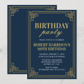 Invitation Birthday Party Navy Gold Art Deco 80th Kaart (Voorkant / Achterkant)