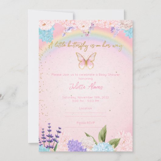 Invitation Butterflies Rainbow Flowers pink gold Kaart (Voorkant)