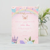 Invitation Butterflies Rainbow Flowers pink gold Kaart (Staand voorkant)