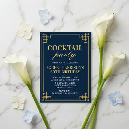 Invitation Cocktail Party Navy Gold 80th Birthday Kaart
