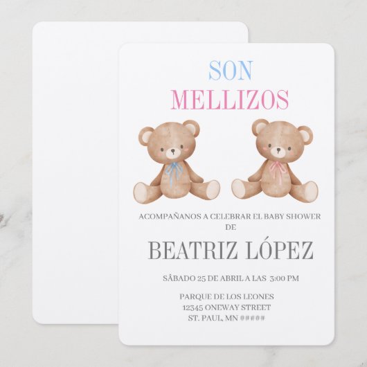 Invitation de baby shower para gemelos kaart (Voorkant / Achterkant)