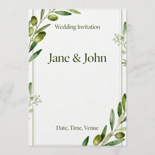 Invitation Elegant Olive Branch Green Wedding Invi Kaart (Voorkant)
