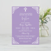 Invitation Floral Cross Baptism Lilac Kaart (Staand voorkant)
