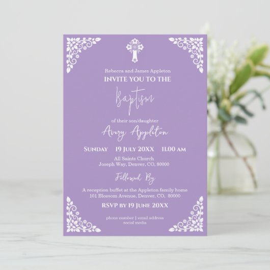 Invitation Floral Cross Baptism Lilac Kaart (Staand voorkant)