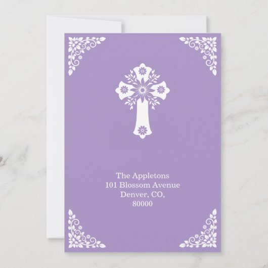 Invitation Floral Cross Baptism Lilac Kaart (Achterkant)