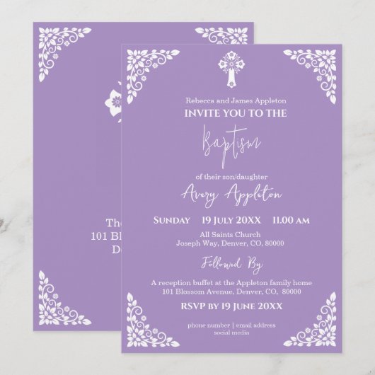 Invitation Floral Cross Baptism Lilac Kaart (Voorkant / Achterkant)