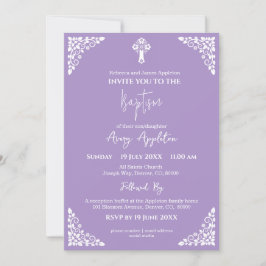 Invitation Floral Cross Baptism Lilac Kaart