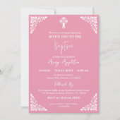 Invitation Floral Cross Baptism Rose Pink Kaart (Voorkant)