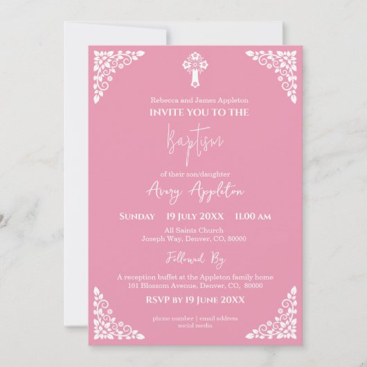 Invitation Floral Cross Baptism Rose Pink Kaart (Voorkant)