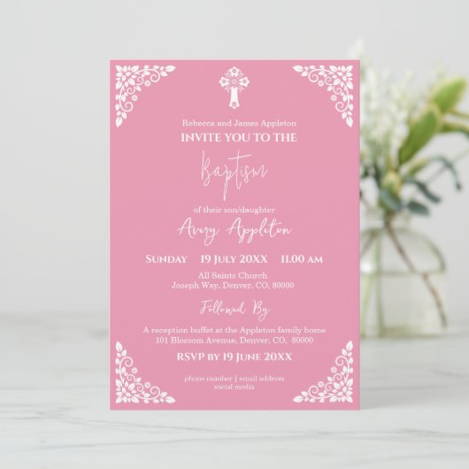 Invitation Floral Cross Baptism Rose Pink Kaart (Staand voorkant)