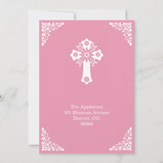 Invitation Floral Cross Baptism Rose Pink Kaart (Achterkant)