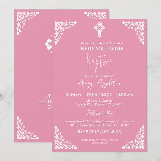 Invitation Floral Cross Baptism Rose Pink Kaart (Voorkant / Achterkant)