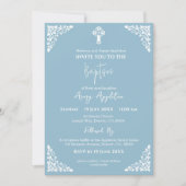 Invitation Floral Cross Baptism Sky Blue Kaart (Voorkant)