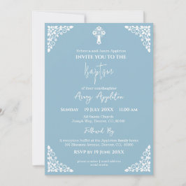 Invitation Floral Cross Baptism Sky Blue Kaart