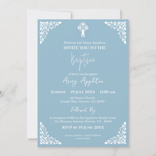 Invitation Floral Cross Baptism Sky Blue Kaart (Voorkant)