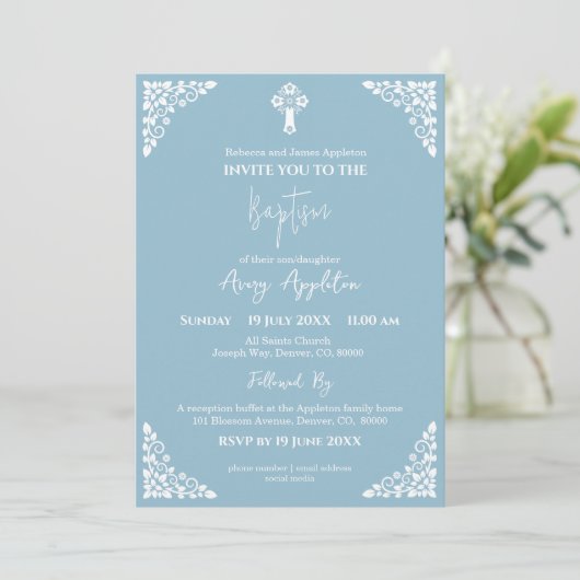 Invitation Floral Cross Baptism Sky Blue Kaart (Staand voorkant)