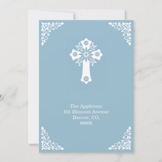 Invitation Floral Cross Baptism Sky Blue Kaart (Achterkant)