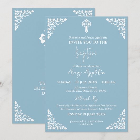 Invitation Floral Cross Baptism Sky Blue Kaart (Voorkant / Achterkant)