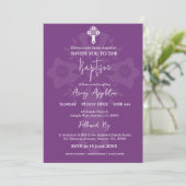 Invitation Floral Cross Baptism Sweet Plum Kaart (Staand voorkant)