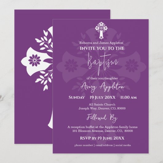 Invitation Floral Cross Baptism Sweet Plum Kaart (Voorkant / Achterkant)