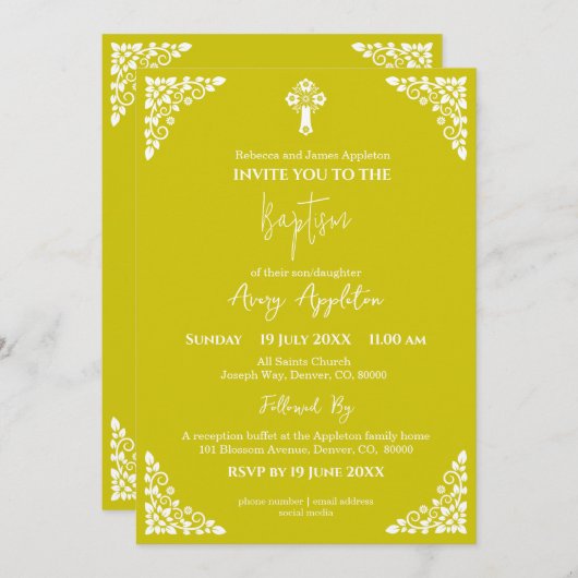 Invitation Floral Cross Baptism Yellow Kaart (Voorkant / Achterkant)