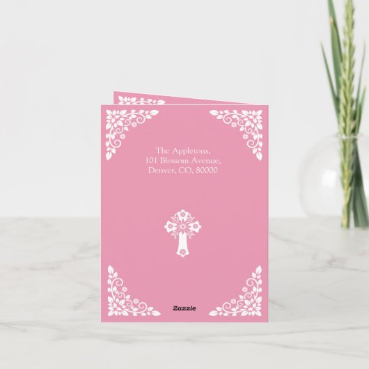 Invitation Floral Cross Christening Rose Pink Feestdagen Kaart (Achterkant)