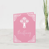 Invitation Floral Cross Christening Rose Pink Feestdagen Kaart (Voorkant)