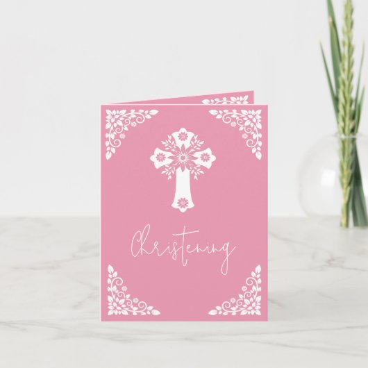 Invitation Floral Cross Christening Rose Pink Feestdagen Kaart (Voorkant)