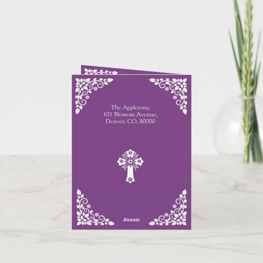 Invitation Floral Cross Christening Sweet Plum Feestdagen Kaart (Achterkant)