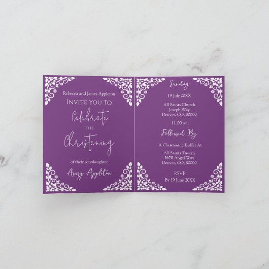Invitation Floral Cross Christening Sweet Plum Feestdagen Kaart (Binnen)