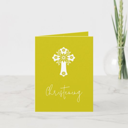 Invitation Floral Cross Christening Yellow Feestdagen Kaart (Voorkant)
